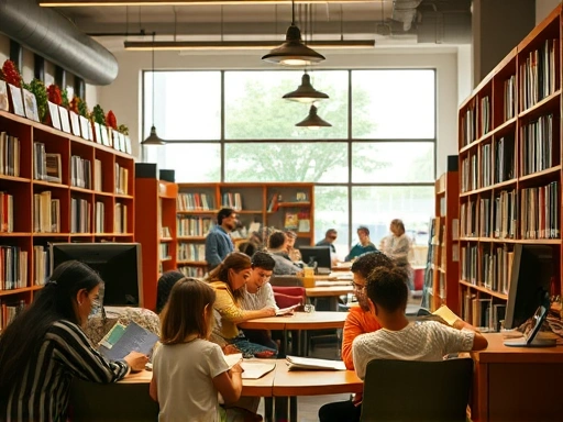 A cozy, brightly lit public English library scene, with diverse people reading books and using computers, featuring children in a dedicated reading corner. The atmosphere is warm and inviting, highlighting effective English library utilization.