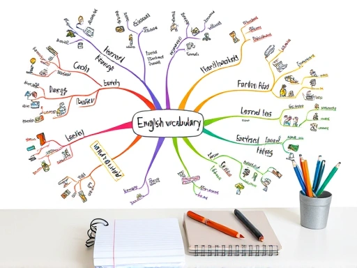 A vibrant, detailed mind map focusing on English vocabulary, with colorful branches and small hand-drawn icons, symbolizing visual learning and idea expansion. A bright, clean desk setting with a notebook and pens, illustrating an effective study session.