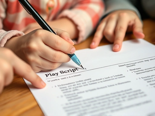Close-up of a child's hand holding a pen, writing simple English words on a play script. Nearby, a parent's hand points to an idea, illustrating collaborative English scriptwriting.