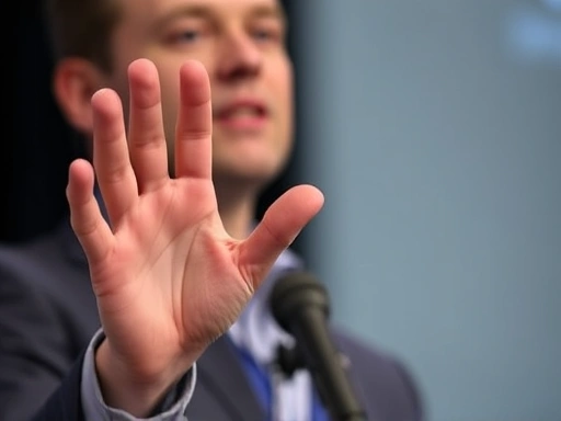 Close-up of a presenter's expressive hand gesture emphasizing a point, with a microphone visible, focusing on the clarity and confidence conveyed through body language.