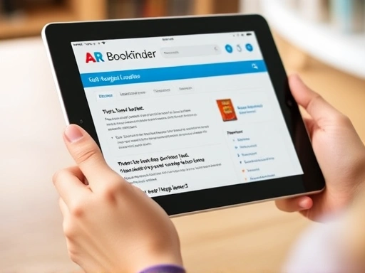 A close-up shot of a hand holding a tablet or laptop, displaying the AR Bookfinder website with search results for English reading levels, highlighting the user interface and practical application. Focus on clarity and usability with SEO keywords for AR levels and book searching.