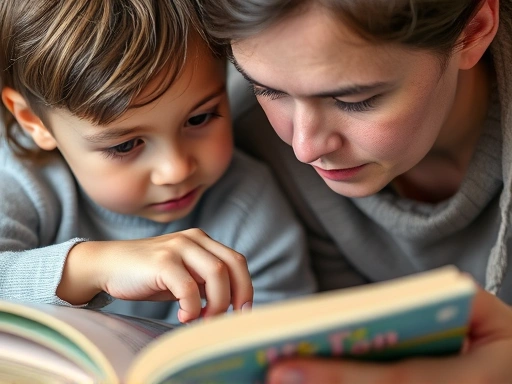 A close-up image of a child and a parent gently pointing at a specific word or sentence in an English book, with focused expressions, illustrating intensive reading and guided learning. Emphasize detail and interaction.