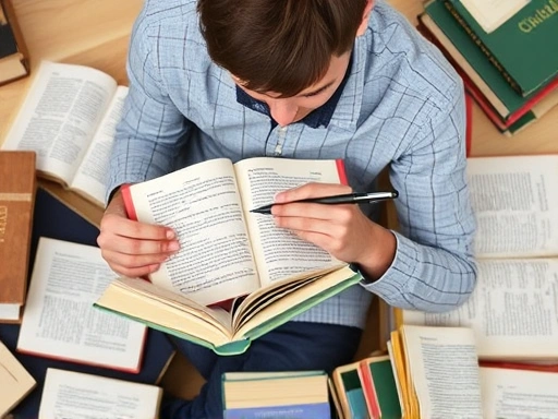 A person thoughtfully reading an English book with a notebook and pen, surrounded by scattered books, symbolizing active learning and quiz creation for deep comprehension.