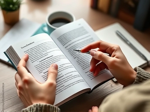 Close-up of a person's hands holding an open book, with the text subtly blurred, suggesting the act of reading for inspiration. One hand points to a highlighted sentence, while the other holds a pen. The background is a soft-focus desk with a cup of coffee and a notebook, creating an atmosphere of focused learning and creative thought. Emphasize details and learning process.