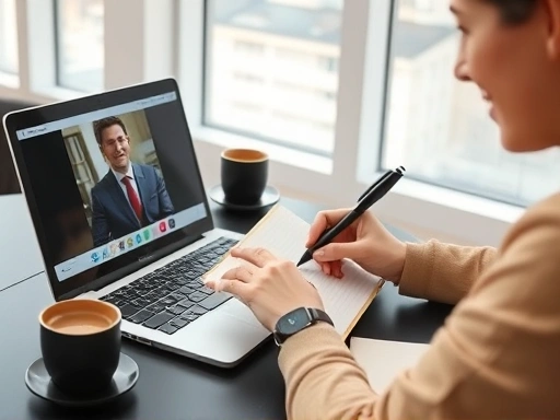 A person actively taking notes on a laptop while watching an English video, with a bright, focused expression. The scene should convey learning and concentration, with elements like a notebook, pen, and coffee cup on a modern desk. Keywords: English video learning, effective note-taking, active study method.