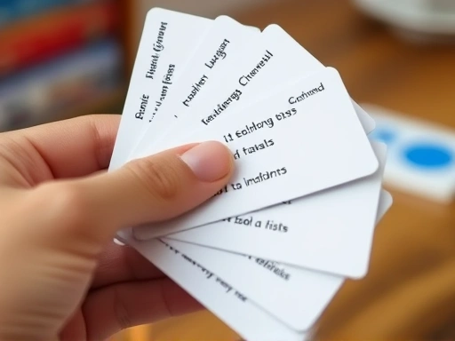 A close-up shot of a hand flipping through flashcards with English words and phrases, showing focused engagement. The background is slightly blurred, highlighting the flashcards and the active recall process. Keywords: flashcard learning, English vocabulary, active recall, self-quizzing.
