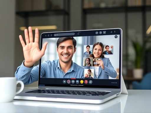 A person smiling and confidently waving at a laptop screen during a video call, showing a successful first interaction with a foreign friend, bright and clear, with a modern home office background.
