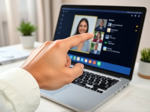 Close-up of a hand pointing at a laptop screen during a video call, highlighting specific app features or language translation, with a focus on preparation and smooth communication, clean desk setup.