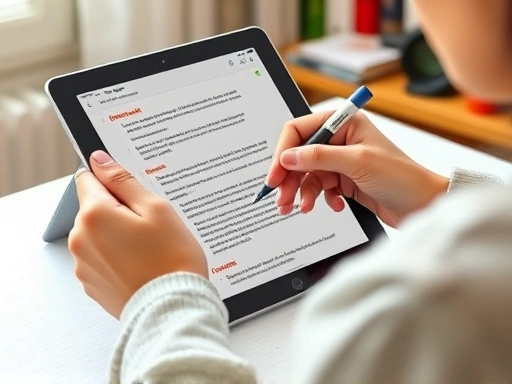 A person effectively organizing English study notes on an iPad using GoodNotes, with various digital pens and highlighters visible on the screen, in a well-lit study environment.