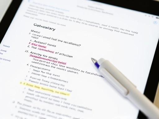 A close-up shot of an iPad screen showing a GoodNotes page filled with neatly organized English vocabulary notes, including definitions, example sentences, and colourful highlights, with an Apple Pencil nearby.