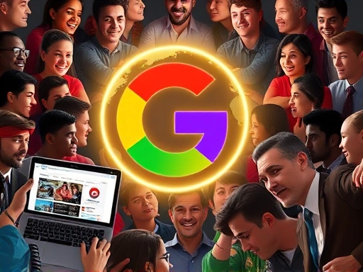 A diverse group of people globally, united by a glowing Google logo in the center, symbolizing free English learning tools. The scene includes elements like a computer screen with Google Translate, a phone with YouTube playing a lesson, and a person speaking into a microphone for Google Podcasts. Dynamic and engaging.