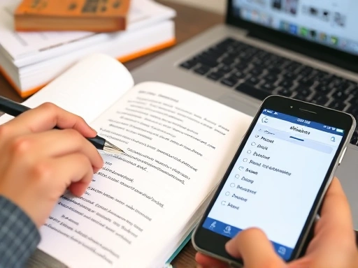 A close-up shot of a hand highlighting a sentence with a pen in a grammar exercise book, next to a smartphone displaying a grammar correction app, emphasizing the details of learning and correction tools, with a blurred background of books and a laptop.