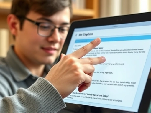 Close-up of a hand pointing at a tablet screen displaying an interactive English learning exercise, with a focused expression, in a comfortable, bright study environment, emphasizing practical application of English skills.
