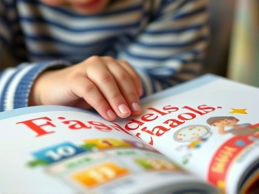 Close-up of a child's hand turning a page of a colorful English picture book, with blurred background of a parent's gentle hand, emphasizing shared reading experience and the joy of learning, warm and inviting atmosphere.