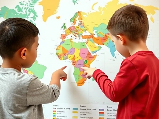A close-up shot of two children, possibly 9-11 years old, pointing at a large, colorful world map, engaged in a discussion about current events. Their hands are pointing at different regions, indicating a global perspective. Focus on collaboration and understanding. Keywords: kids, world map, current events, discussion, global.