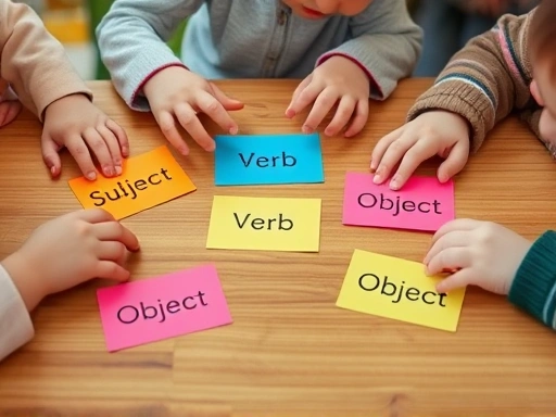 Close-up of children's hands arranging colorful cards labeled 