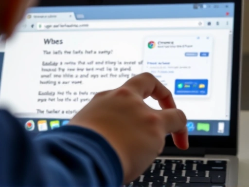 A close-up shot of a child's hand interacting with a computer mouse, with a Chrome browser window open showing a web page with English text and a small pop-up window of a Chrome extension, indicating active use of a learning tool.