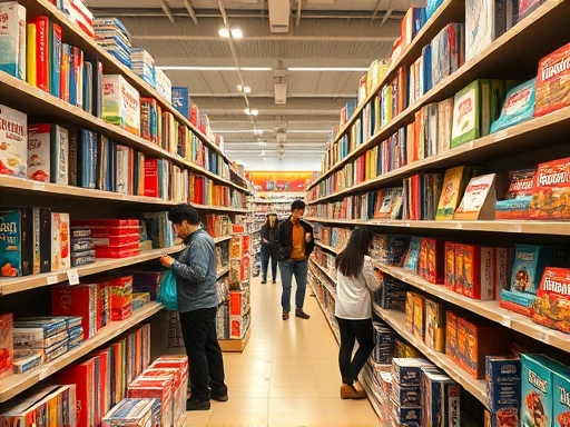 A vibrant, modern Korean bookstore aisle with a specific section for imported English board games, showcasing diverse game boxes with people browsing. Focus on accessibility and variety, high detail, warm lighting.