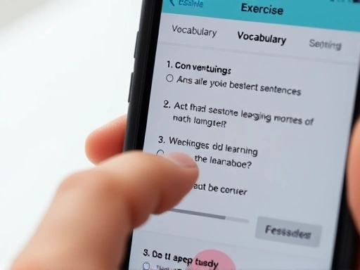 A close-up shot of a smartphone screen displaying a language learning app's interactive exercise, with a hand pointing to a correct answer. The screen shows elements like vocabulary, short sentences, and a progress bar, emphasizing detailed learning and user engagement. English keywords: interactive app, vocabulary, language practice, mobile learning, progress tracking.