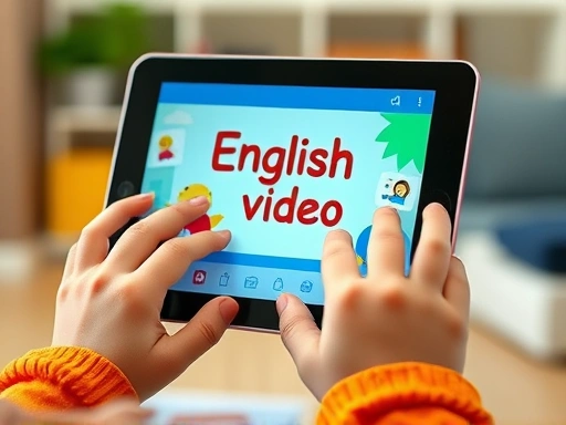 Close-up shot of a child's hands holding a tablet showing an English educational video, with blurred background elements suggesting a focused learning environment. Emphasize engagement and modern technology.