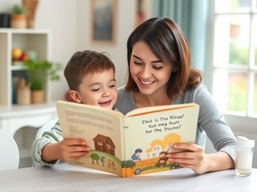 A mother and child sitting together at a table, happily looking at an English storybook. The scene is bright and cozy, emphasizing a positive learning environment at home. The book appears slightly worn but well-loved, highlighting the theme of second-hand materials.