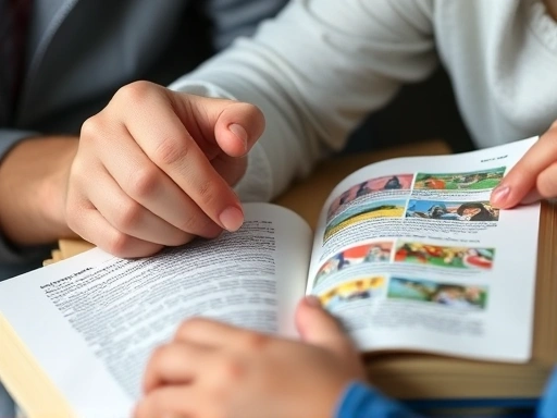 A close-up shot of hands, one adult and one child's, gently turning the page of a well-preserved second-hand English textbook. Focus on the details of the page, showing text, colorful illustrations, and perhaps a small, neatly written note or highlight, implying careful prior use and potential for continued learning.