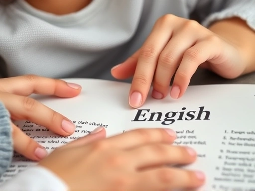 Close-up of a child's hand pointing at an English word in a book, with a mother's supportive hand gently guiding, highlighting the intimate and focused learning process in mom-led English. The image should convey patience and individualized attention, devoid of external comparisons, focusing on a specific learning moment with soft, natural lighting.