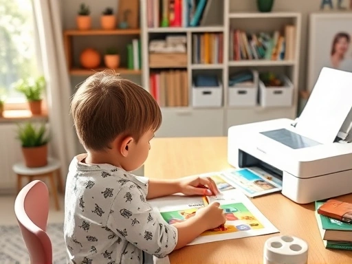 A vibrant and organized home study area with a child actively engaged in learning English using colorful printed materials. A modern, compact inkjet printer is visible on a desk, symbolizing efficient home education. Focus on a warm, inviting atmosphere with natural light.
