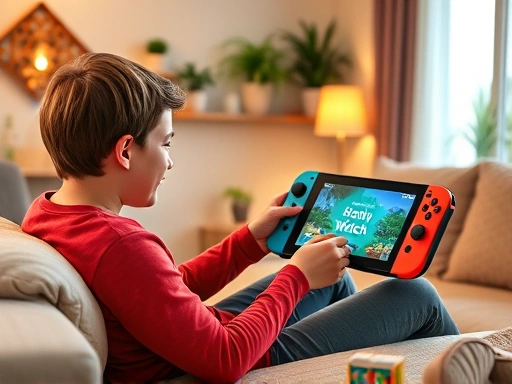 A cozy living room scene, a person of any age happily playing Nintendo Switch, with English text visible on the screen, emphasizing a fun and educational atmosphere, bright and inviting.