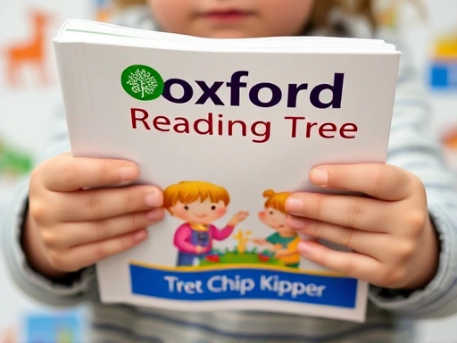 A close-up of a child's hands holding an Oxford Reading Tree book, with the distinctive Biff, Chip, and Kipper characters visible, indicating active engagement with learning English through reading, surrounded by colorful illustration details.
