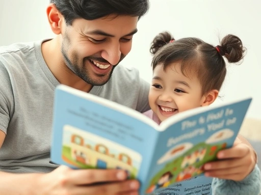 A close-up shot of a parent and child sharing a joyful moment while reading an English storybook together, emphasizing connection and early literacy, including keywords like 