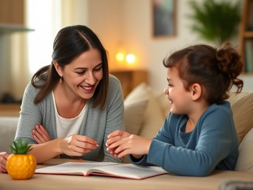 A warm, inviting scene of a parent and child happily engaged in a playful English learning activity at home, with soft lighting and a focus on joyful interaction and mutual smiles, illustrating positive reinforcement for building confidence.