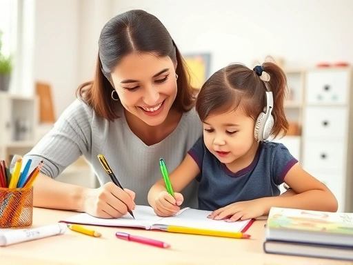 A mother and child smiling and writing in a colorful notebook together at a bright desk, surrounded by drawing tools and English books, illustrating a fun and supportive learning environment without direct correction. The scene is warm and encouraging.