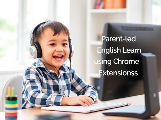 A joyful child, around 8-10 years old, sitting at a desk with a computer and headphones, actively engaged in parent-led English learning using Chrome extensions. The scene is bright and encouraging, featuring educational elements and a focus on technology integration.