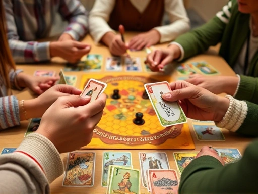 Close-up of diverse hands holding English board game cards around a table, depicting players actively engaged in the game, focusing on the game components and interactive play, clear detail, warm and inviting atmosphere.