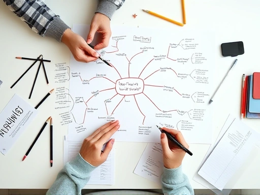 A detailed top-down shot of a person brainstorming, with a large, colorful mind map on a white desk, pens, and scattered notes, embodying the beginning of the English writing process, focusing on idea generation and creativity.