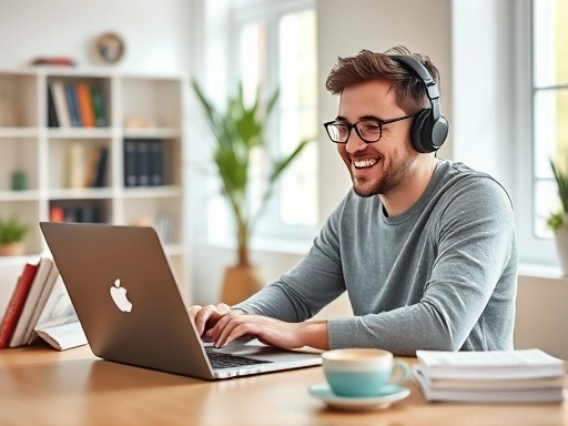 A person is sitting at a desk with a laptop, using an English learning app, smiling and wearing headphones, surrounded by books and a cup of coffee, in a modern, bright home office setting, focusing on subscription-based learning.
