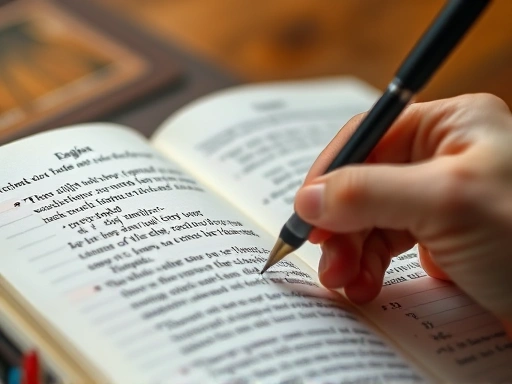 Close-up of a hand holding a pen, writing in an open English diary, showcasing the progression from short sentences to a detailed paragraph, with focus on the handwritten text and thoughtful expression.