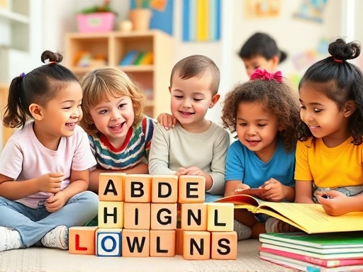 A diverse group of children happily learning phonics rules in a bright classroom setting, with alphabet blocks and colorful books, emphasizing understanding and joy.
