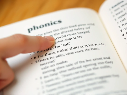 Close-up of an open book showing a phonics exercise with highlighted letters and example words like 'cat' and 'make', a child's finger pointing to a word, focusing on clear, legible text.