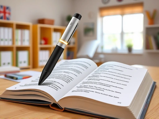 A modern, sleek smart English learning pen scanning text on an open English textbook, with a glowing digital interface showing instant translation and pronunciation feedback, set in a bright, organized study room. Focus on technology and learning. SEO keywords: smart pen, English learning, digital feedback, study device.