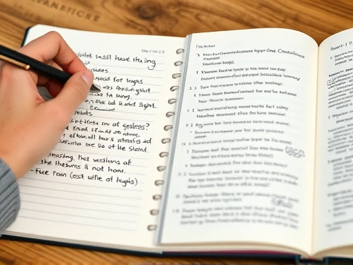 Close-up of hands writing diverse English quiz questions (multiple choice, true/false, short answer) in a notebook, with an open English novel beside it, illustrating the practical process of self-assessment.