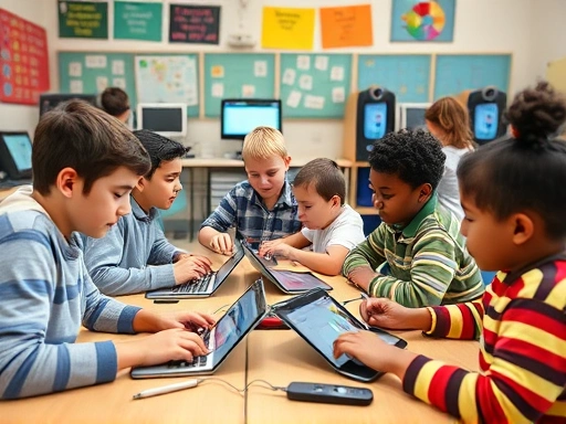 A vibrant and engaging US elementary school classroom with diverse students actively using learning websites on tablets and computers, showing collaboration and joyful discovery.