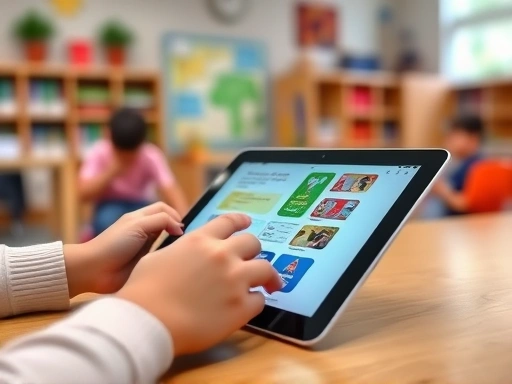 Close-up of a child's hands navigating an interactive learning website on a tablet in a modern US elementary school classroom, highlighting digital education tools and student engagement.