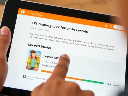 Close-up of a hand pointing to a specific feature on a tablet screen, showing an interface of a US reading program with leveled books and progress bar, detailed and focused.