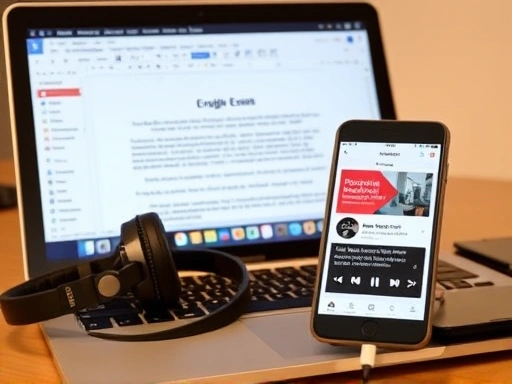 Close-up on a laptop screen showing Google Docs with an English essay, alongside a pair of headphones connected to a smartphone displaying the Google Podcasts app, emphasizing practical English writing and listening practice.