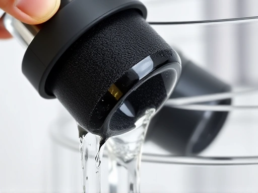 A close-up shot of an activated carbon filter being installed into a water pitcher or faucet, highlighting the filtration process. Focus on the texture of the carbon and the clear water flowing through it, conveying purity. SEO keywords: activated carbon, water filter, chlorine removal technology.