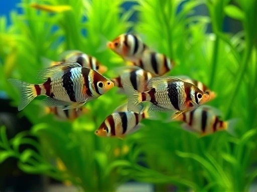 A vibrant group of zebra danios, known for their active personality and schooling behavior, gracefully swimming in a well-maintained home aquarium with lush green plants.