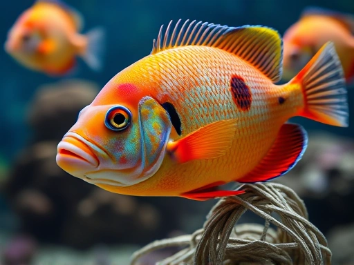 Close-up of a vibrant, large fish swimming near a carefully placed rock or plant, highlighting the intricate details of its scales and fins, with other fish in the blurred background.
