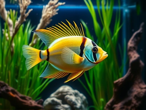 A beautiful, healthy angelfish swimming gracefully in a well-maintained, lush aquarium with tall plants and driftwood, illustrating optimal angelfish care and ideal angelfish environment.
